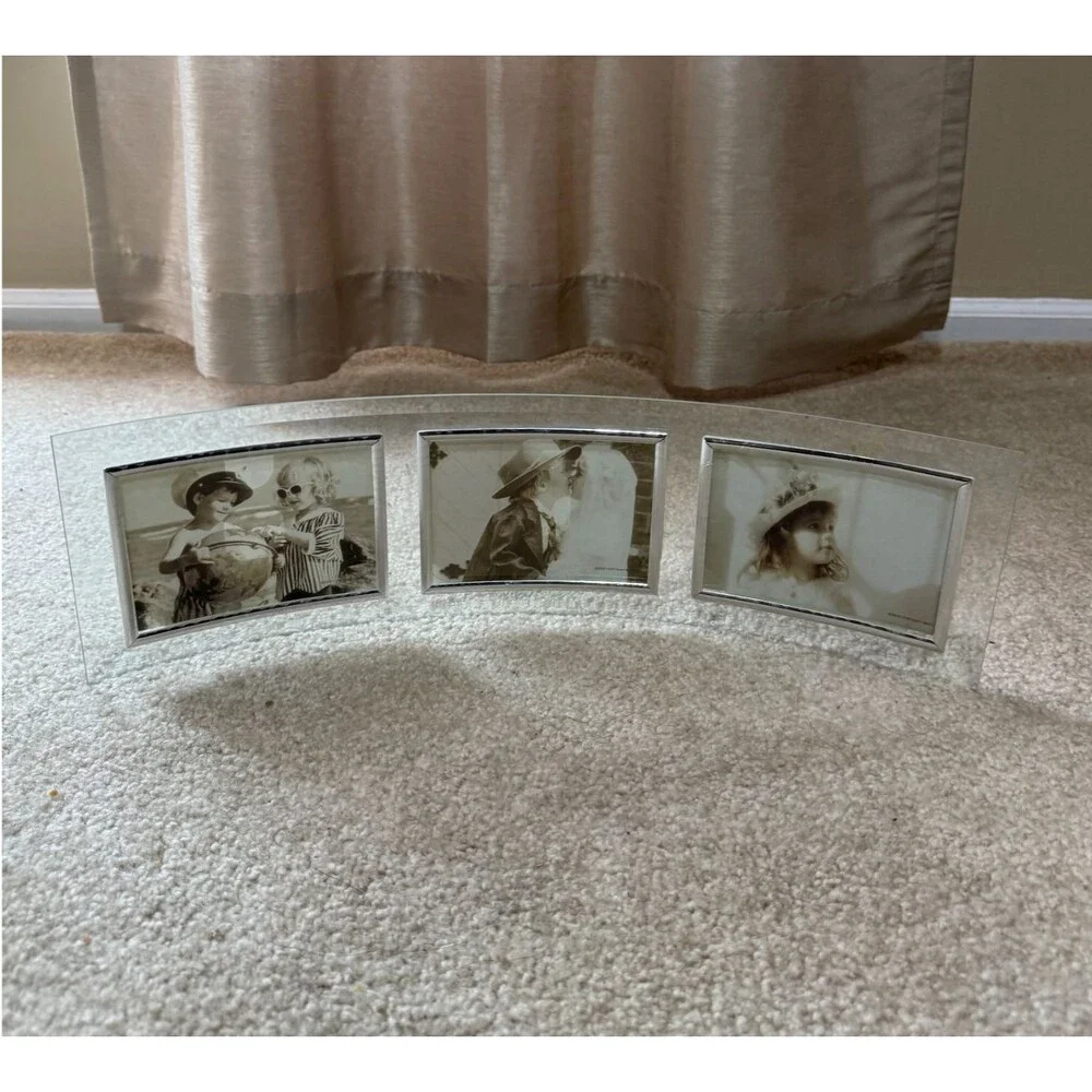 Curved Glass Triple Picture Frame 3 Photo Beveled Silver Desk Mantel Holder Bent